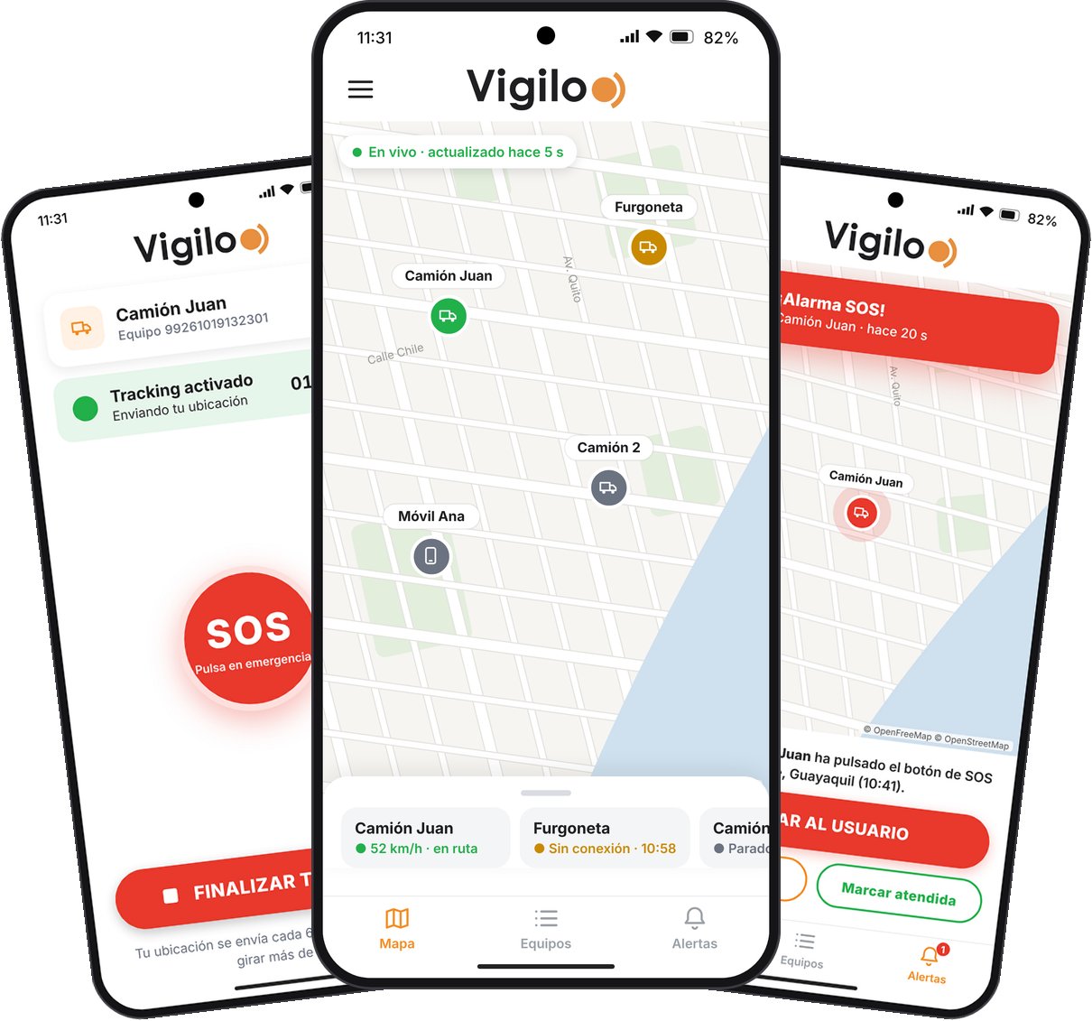 APP VIGILO GPS: mapa con los teléfonos en tiempo real, botón de SOS y alerta SOS