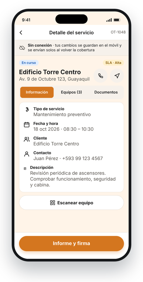 Detalle del servicio trabajando sin conexión