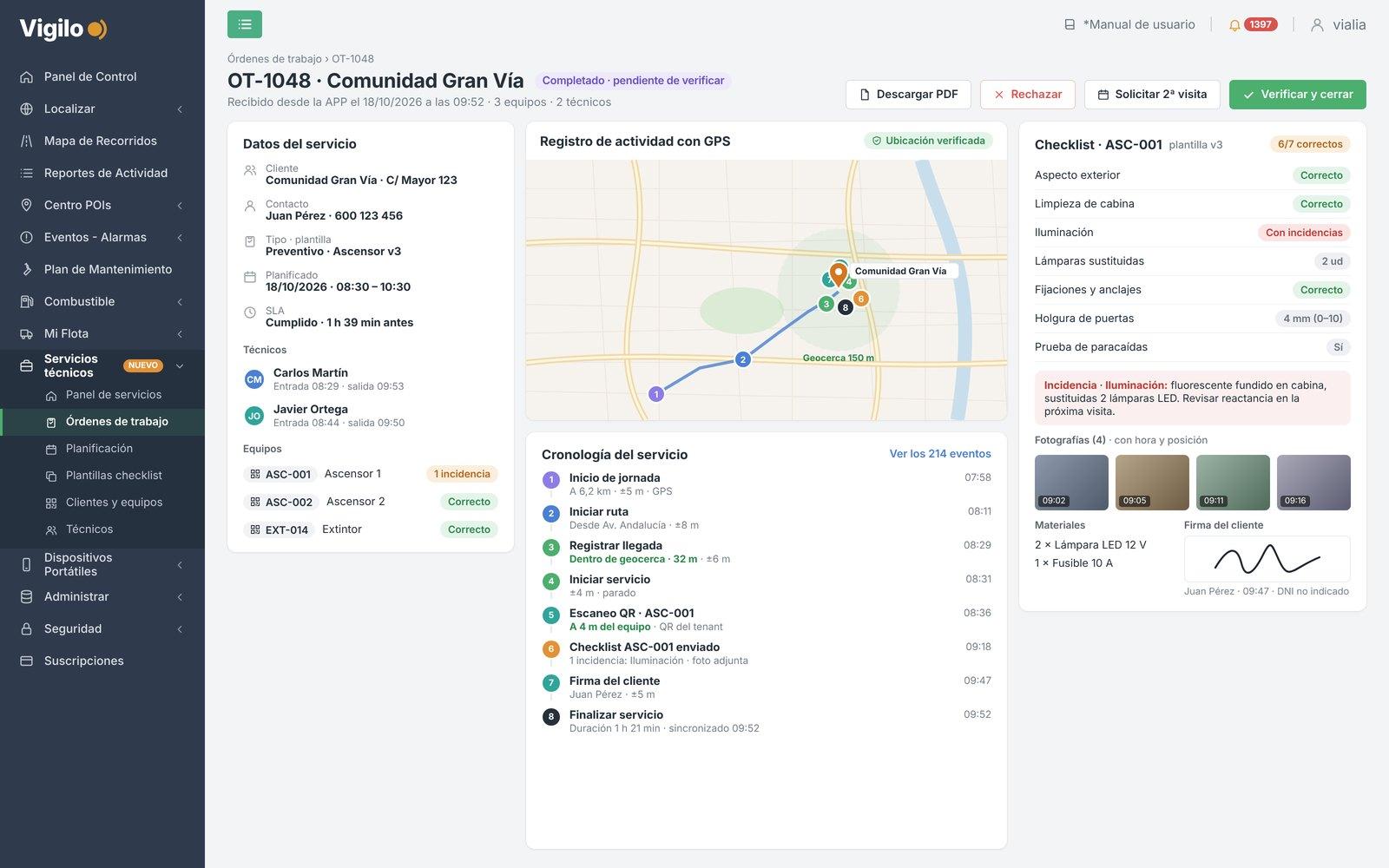 Verificación del servicio en la plataforma Vigilo con el recorrido GPS